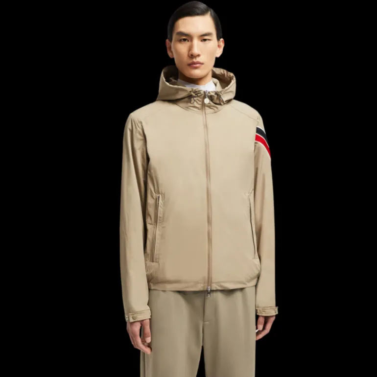 Coupe-vent MONCLER Claut veste zippée capuche beige bande tricolore