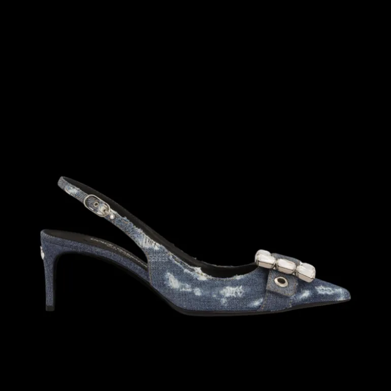 DOLCE & GABBANA Escarpins Slingback jeans denim patchwork bleu boucle strass