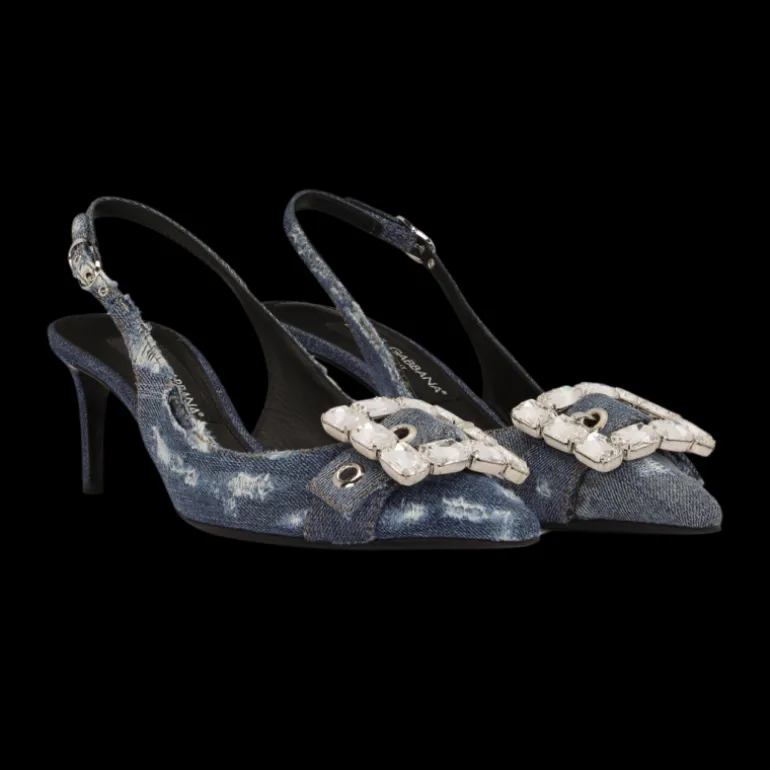 DOLCE & GABBANA Escarpins Slingback jeans denim patchwork bleu boucle strass