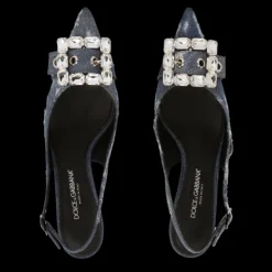 DOLCE & GABBANA Escarpins Slingback jeans denim patchwork bleu boucle strass