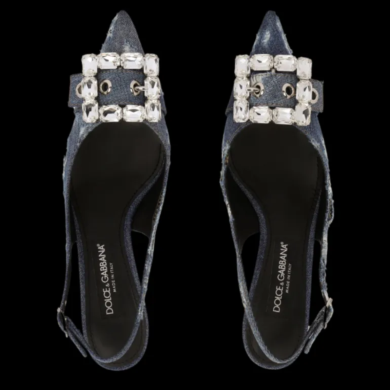 DOLCE & GABBANA Escarpins Slingback jeans denim patchwork bleu boucle strass