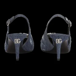 DOLCE & GABBANA Escarpins Slingback jeans denim patchwork bleu boucle strass