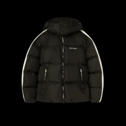 Doudoune à capuche PALM ANGELS nylon noir bande logo blanc