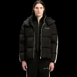 Doudoune à capuche PALM ANGELS nylon noir bande logo blanc