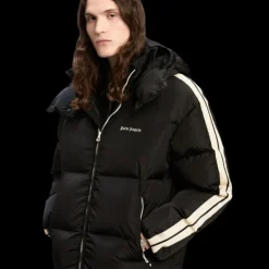 Doudoune à capuche PALM ANGELS nylon noir bande logo blanc