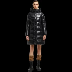 Doudoune capuche MONCLER Bellevue longue ceinture nylon laqué noir brillant