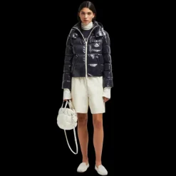 Doudoune courte à capuche MONCLER Andro nylon bleu marine brillant bordure blanc