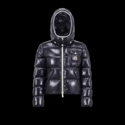 Doudoune courte à capuche MONCLER Andro nylon bleu marine brillant bordure blanc