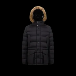 Doudoune courte MONCLER Clunye capuche fourrrure nylon bleu marine