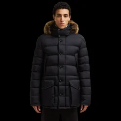 Doudoune courte MONCLER Clunye capuche fourrrure nylon bleu marine
