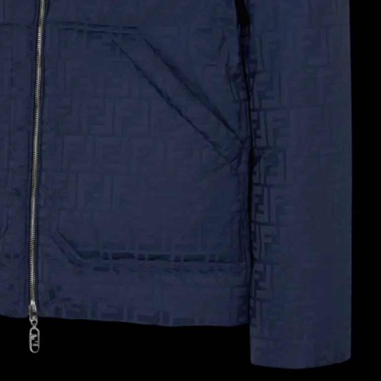 Doudoune FENDI col montant nylon bleu nuit FF allover réversible noir