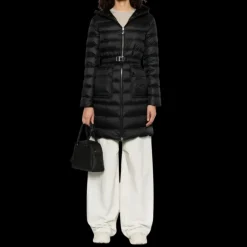 Doudoune longue MONCLER Sedan nylon noir mat ceinture poches