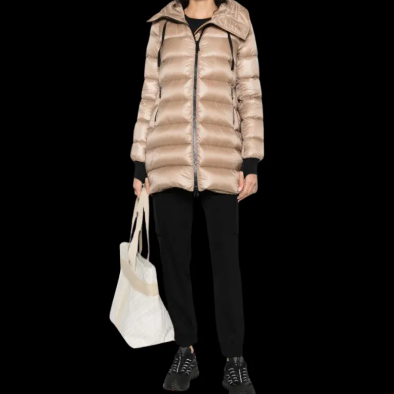 Doudoune longue MONCLER Suyen nylon brillant beige
