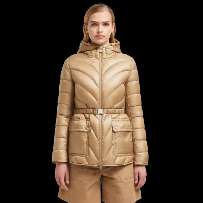 Doudoune mi-longue à capuche MONCLER Argenno nylon beige ceinture