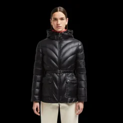 Doudoune mi-longue à capuche MONCLER Argenno nylon noir ceinture