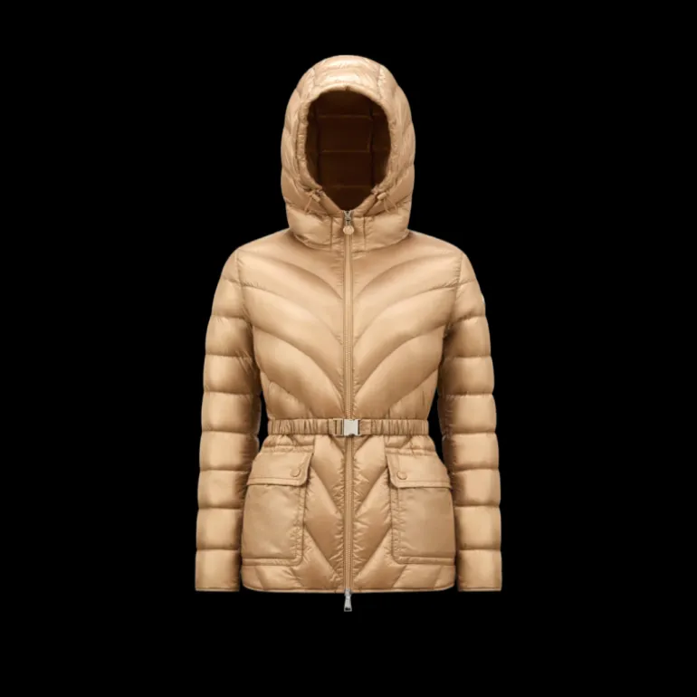 Doudoune mi-longue à capuche MONCLER Argenno nylon beige ceinture