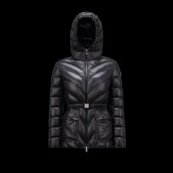 Doudoune mi-longue à capuche MONCLER Argenno nylon noir ceinture