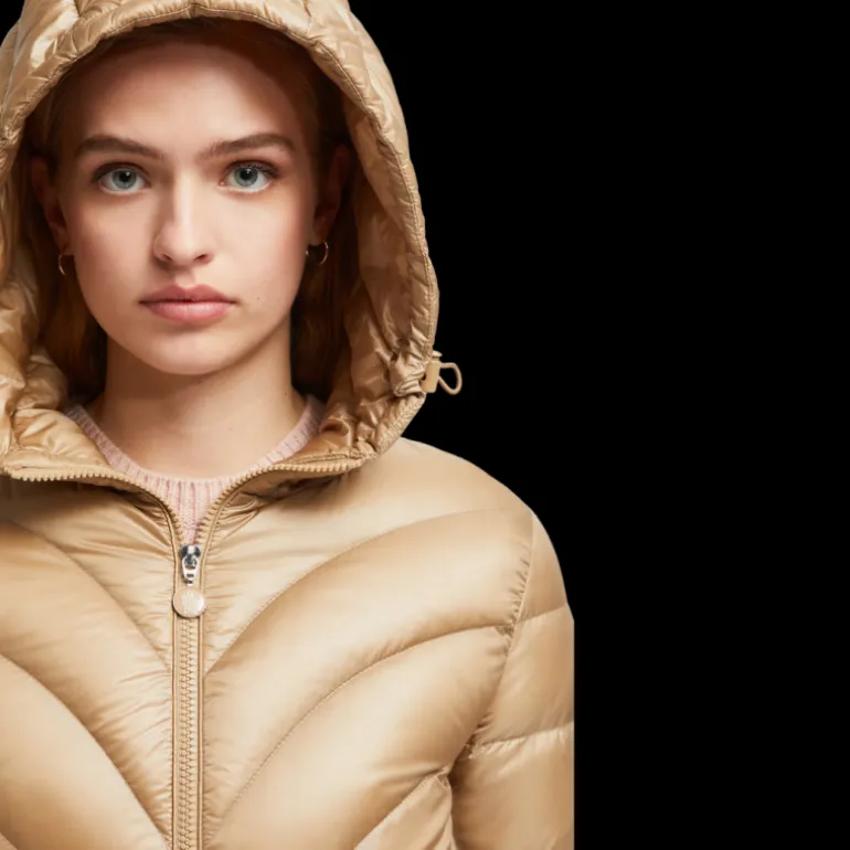 Doudoune mi-longue à capuche MONCLER Argenno nylon beige ceinture