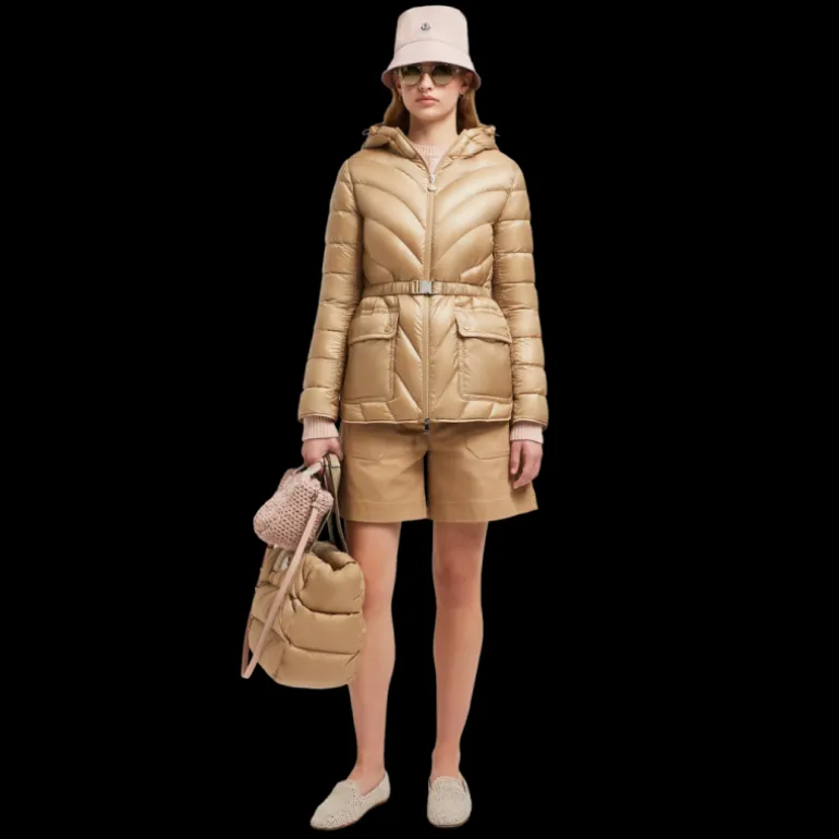 Doudoune mi-longue à capuche MONCLER Argenno nylon beige ceinture