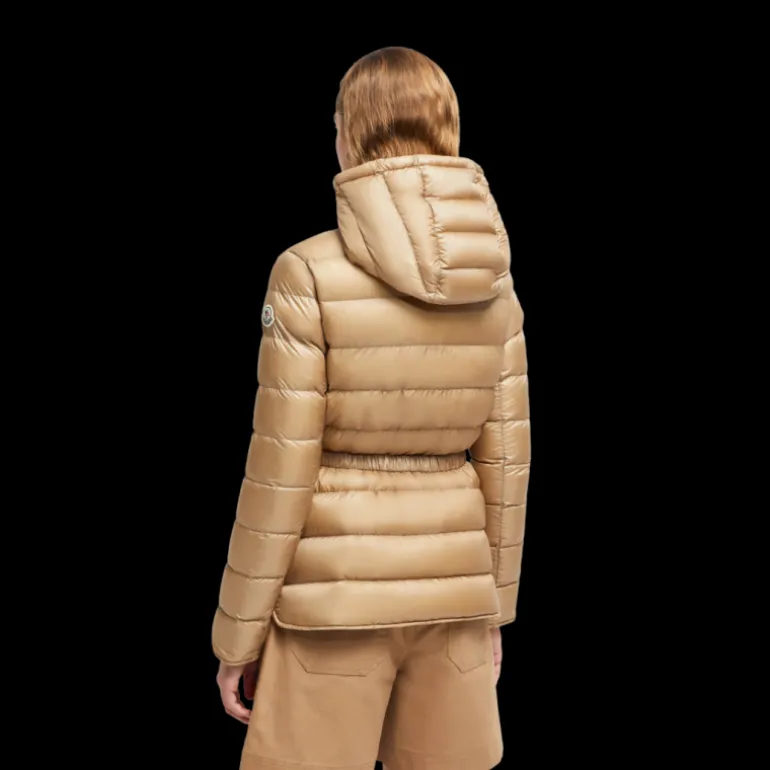 Doudoune mi-longue à capuche MONCLER Argenno nylon beige ceinture