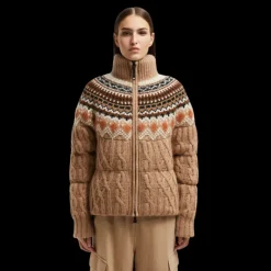 Doudoune MONCLER laine mohair alpaga jacquard beige marron logo Grenoble