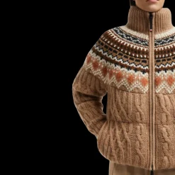 Doudoune MONCLER laine mohair alpaga jacquard beige marron logo Grenoble