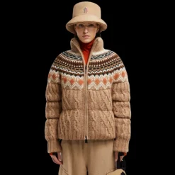 Doudoune MONCLER laine mohair alpaga jacquard beige marron logo Grenoble