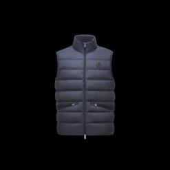 Doudoune sans manches gilet MONCLER Lechtal nylon bleu marine logo cuir noir