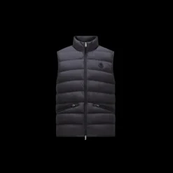 Doudoune sans manches gilet MONCLER Lechtal nylon noir logo cuir noir
