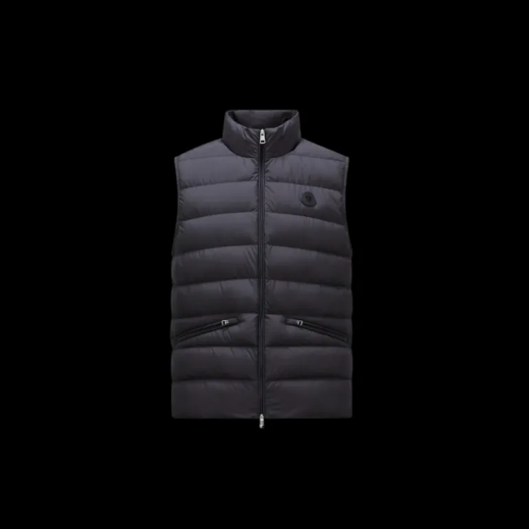 Doudoune sans manches gilet MONCLER Lechtal nylon noir logo cuir noir