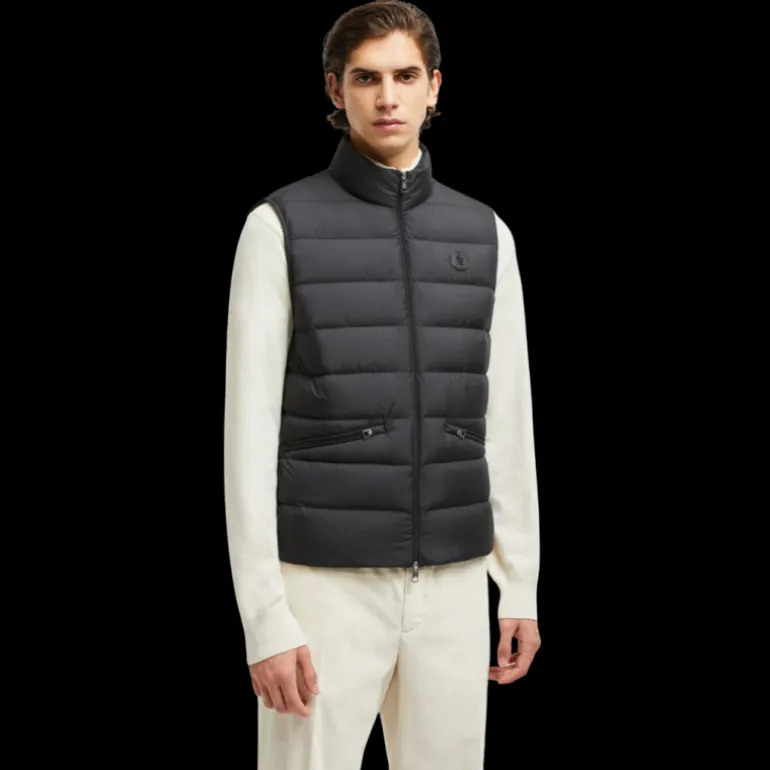 Doudoune sans manches gilet MONCLER Lechtal nylon noir logo cuir noir