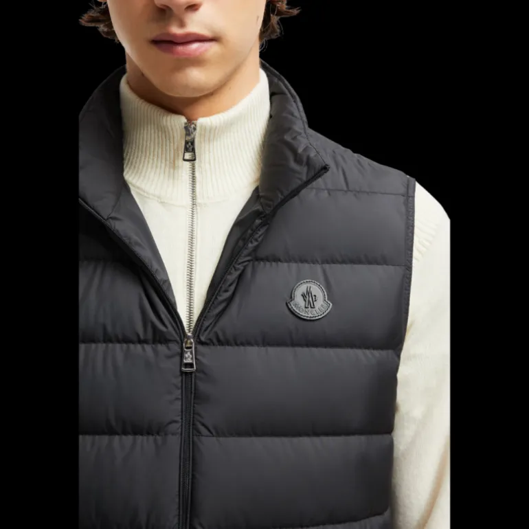 Doudoune sans manches gilet MONCLER Lechtal nylon noir logo cuir noir
