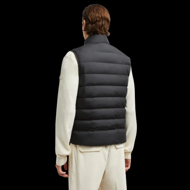 Doudoune sans manches gilet MONCLER Lechtal nylon noir logo cuir noir