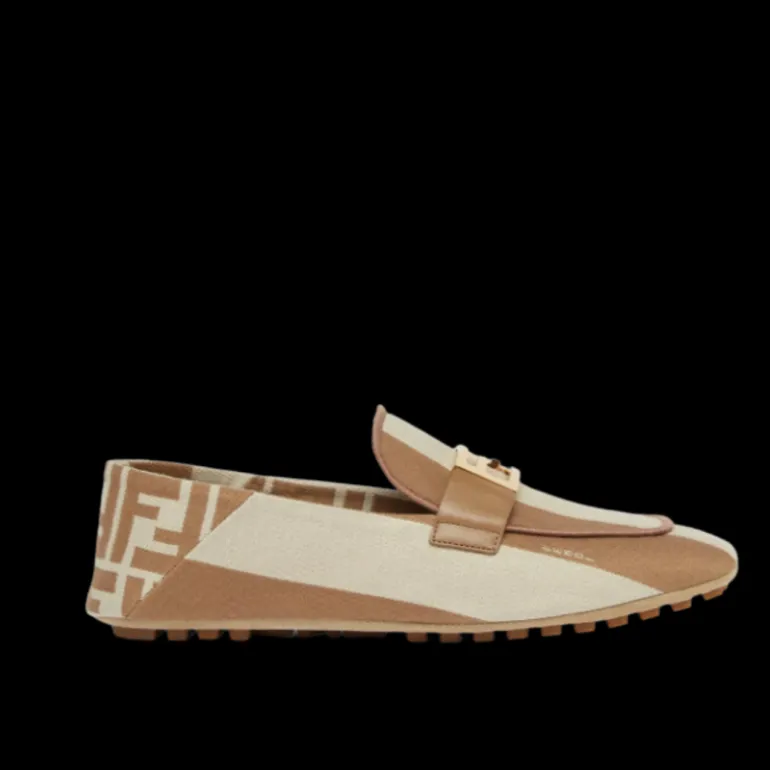 FENDI Mocassins ouverts motif FF Baguette toile rayures Pequin beige
