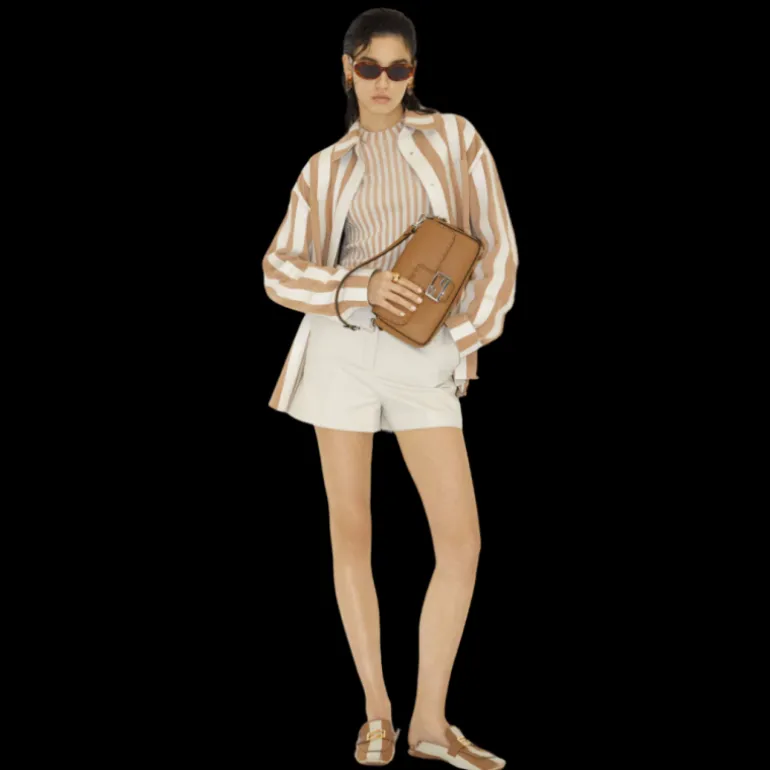 FENDI Mocassins ouverts motif FF Baguette toile rayures Pequin beige