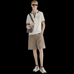 FENDI Polo manche courte jacquard FF écru col bord marron écusson