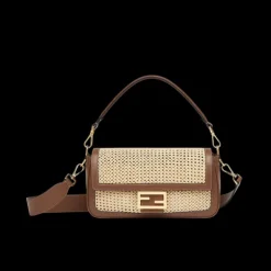 FENDI Sac Baguette porté épaule raphia macramé beige cuir marron
