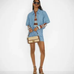 FENDI Sac Baguette porté épaule raphia macramé beige cuir marron