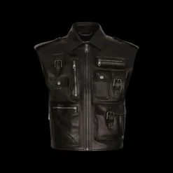 Gilet blouson DOLCE & GABBANA zippé cuir veau noir multipoches boucles