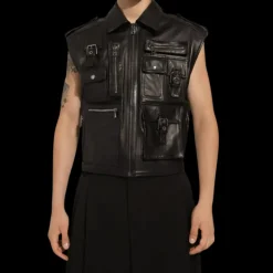 Gilet blouson DOLCE & GABBANA zippé cuir veau noir multipoches boucles