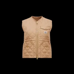 Gilet doudoune sans manche MONCLER Vigny lin matelassage losange camel