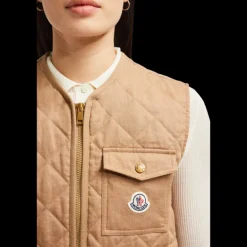 Gilet doudoune sans manche MONCLER Vigny lin matelassage losange camel