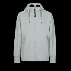 Gilet zippé CP COMPANY à capuche lunettes en molleton de coton gris chiné relief diagonal