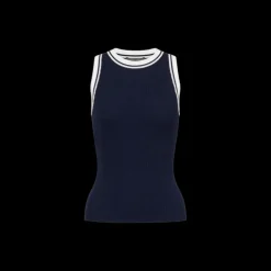 Haut col rond ALBERTA FERRETTI sans manche maille bleu marine ganse blanc