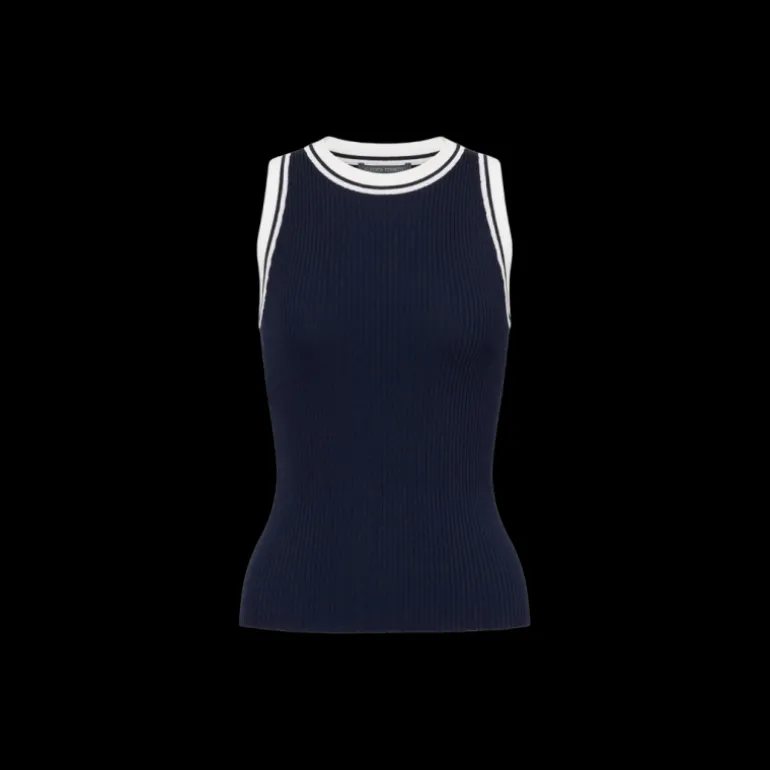 Haut col rond ALBERTA FERRETTI sans manche maille bleu marine ganse blanc