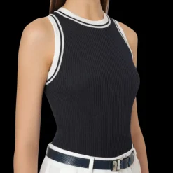 Haut col rond ALBERTA FERRETTI sans manche maille bleu marine ganse blanc