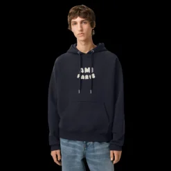 Hoodie AMI Paris coton bio molleton épais bleu marine patch Ami Paris maille