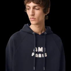 Hoodie AMI Paris coton bio molleton épais bleu marine patch Ami Paris maille