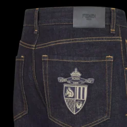 Jean droit FENDI coton denim bleu brut poche broderie blason