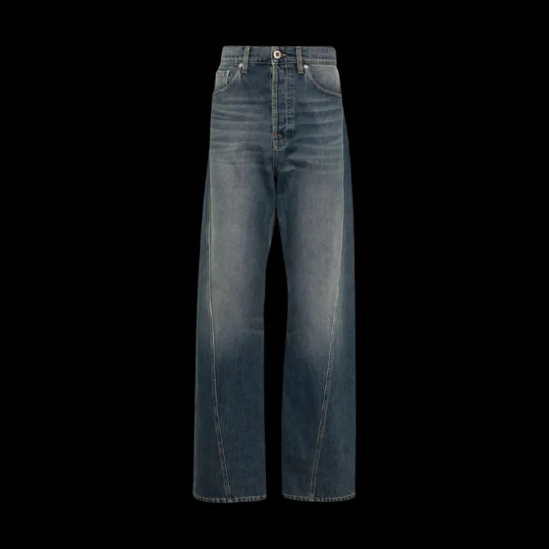 jean droit LANVIN coton denim bleu délavé patch logo cuir blanc dos